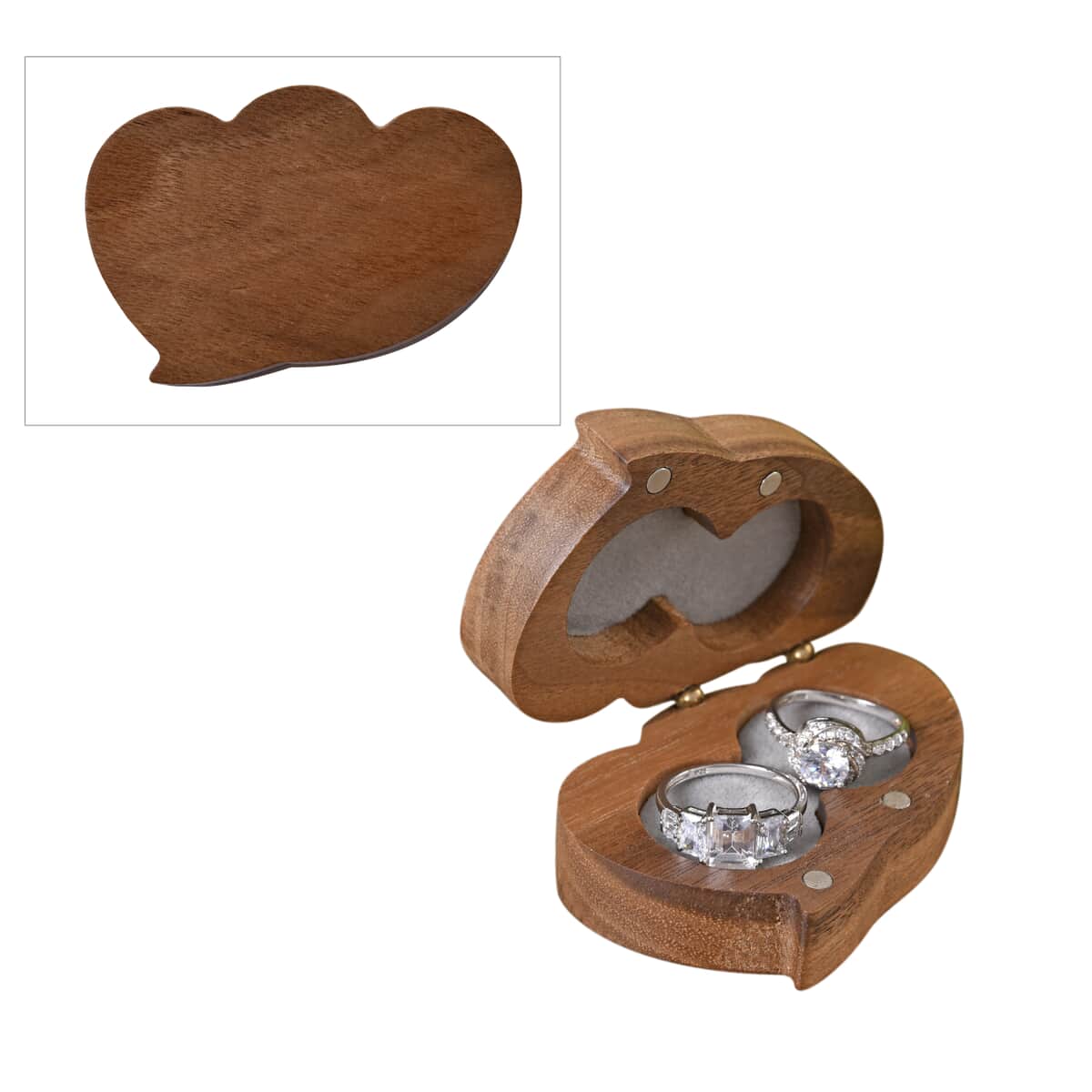Double Heart Shape Walnut Jewelry Ring Box - Brown image number 0