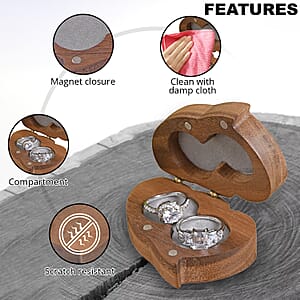 Double Heart Shape Walnut Jewelry Ring Box - Brown
