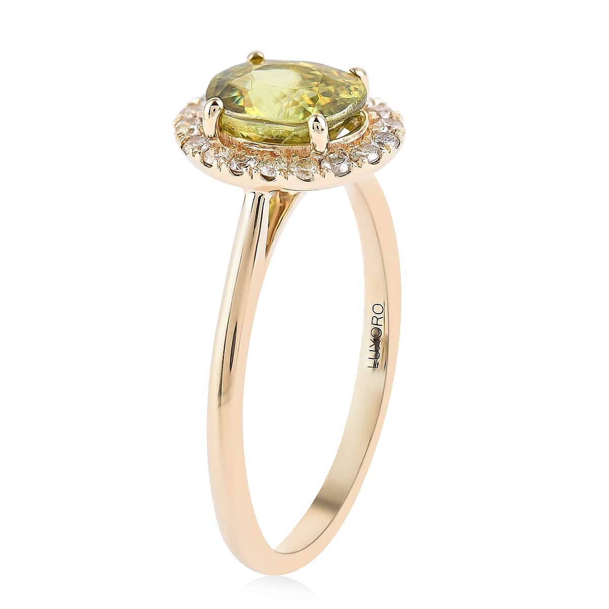 Certified & Appraised Luxoro AAA Sava Sphene and G-H I2 Diamond 1.80 ctw Halo Ring in 14K Yellow Gold (Size 10.0) 