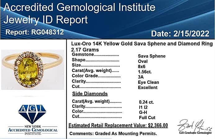 Certified & Appraised Luxoro AAA Sava Sphene and G-H I2 Diamond 1.80 ctw Halo Ring in 14K Yellow Gold (Size 10.0) 