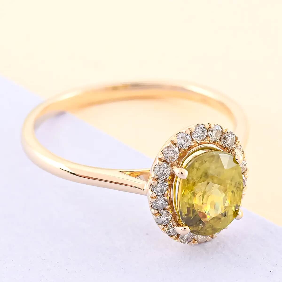 Certified & Appraised Luxoro AAA Sava Sphene and G-H I2 Diamond 1.80 ctw Halo Ring in 14K Yellow Gold (Size 6.0)  image number 1