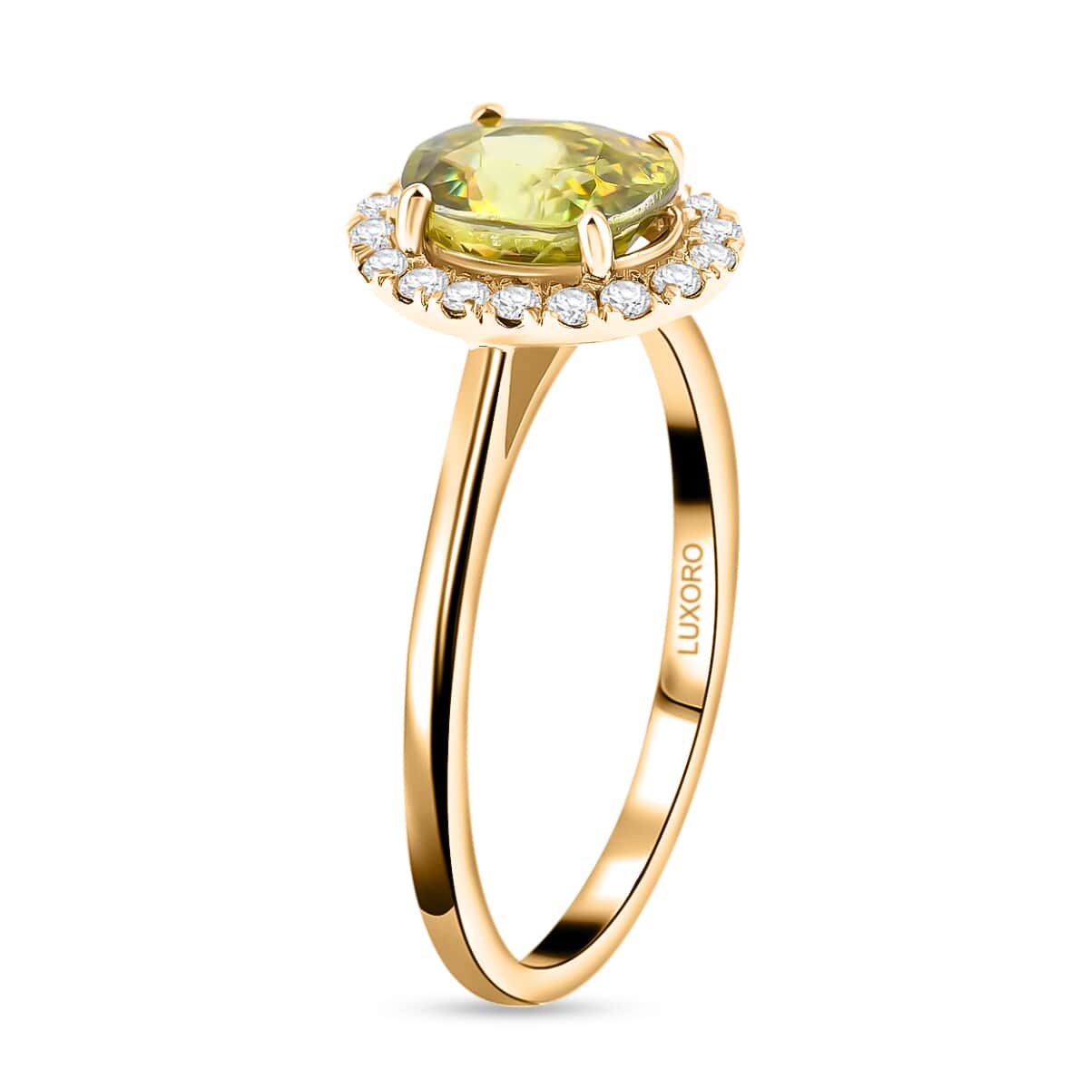 Certified & Appraised Luxoro AAA Sava Sphene and G-H I2 Diamond 1.80 ctw Halo Ring in 14K Yellow Gold (Size 6.0)  image number 3