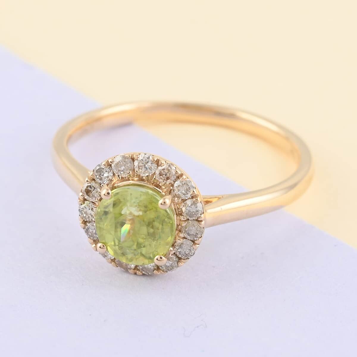 LUXORO 14K Yellow Gold AAA Sava Sphene and G-H I2 Diamond Halo Ring 2.40 Grams 1.30 ctw image number 1