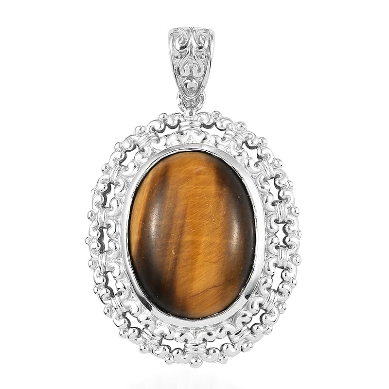 Tiger's Eye Solitaire Pendant without Chain in Platinum Over Copper with Magnet 15.75 ctw