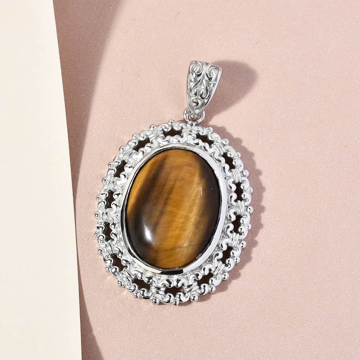 South African Tiger's Eye Solitaire Pendant in Platinum Over Copper 15.75 ctw image number 1