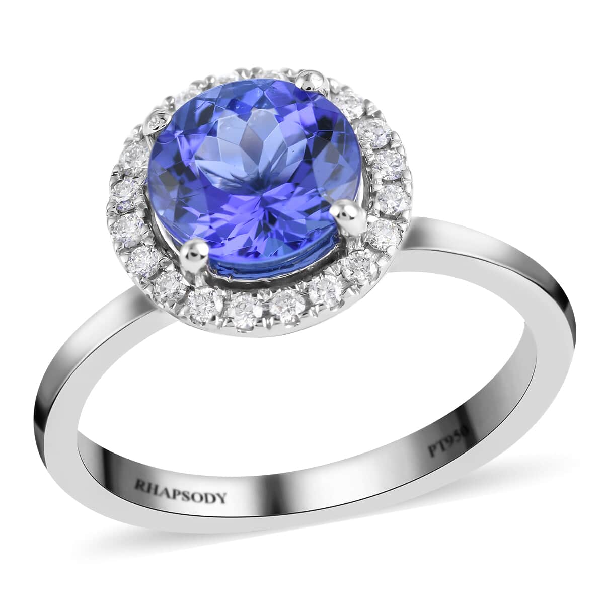 RHAPSODY 950 Platinum AAAA Tanzanite and E-F VS Diamond Halo Ring (Size 8.0) 5.20 Grams 2.15 ctw image number 0
