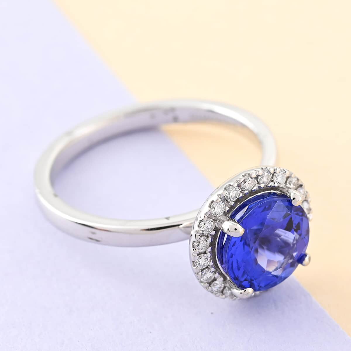 RHAPSODY 950 Platinum AAAA Tanzanite and E-F VS Diamond Halo Ring (Size 8.0) 5.20 Grams 2.15 ctw image number 1