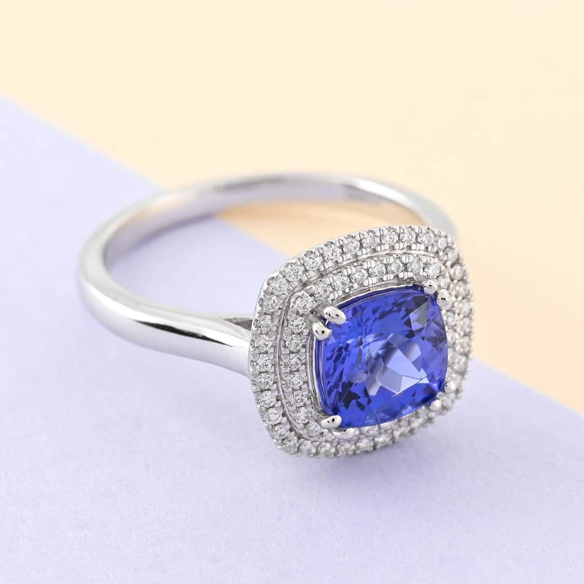 Rhapsody 950 Platinum AAAA Tanzanite and E-F VS Diamond Double Halo Ring (Size 6.0) 6.60 Grams 2.00 ctw image number 1