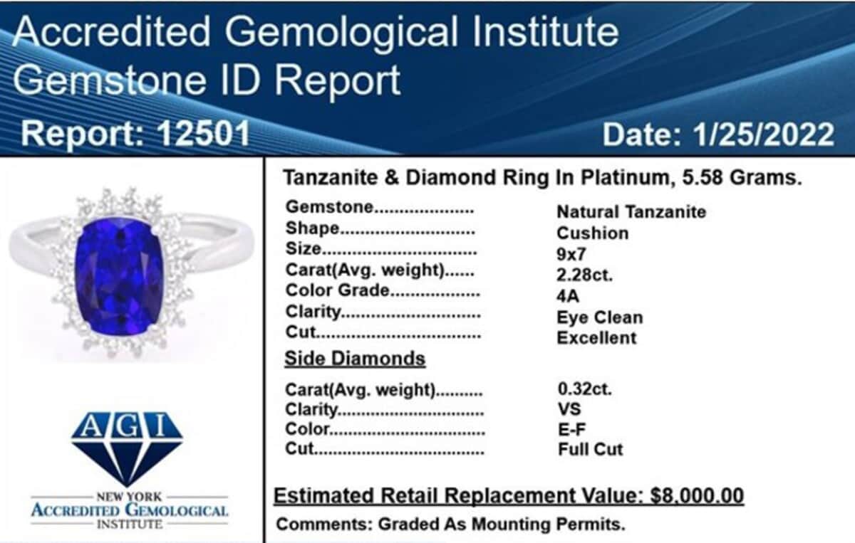 Rhapsody 950 Platinum AAAA Tanzanite and E-F VS Diamond Halo Ring 5.60 Grams 2.60 ctw image number 7