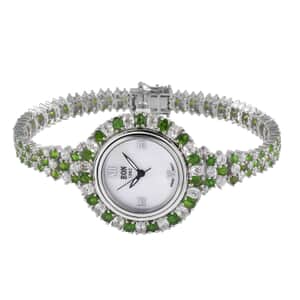 Eon 1962 Swiss Movement Chrome Diopside and Zircon Bracelet MOP Dial Watch in Platinum Over Sterling Silver (7.25 in) 18.15 ctw