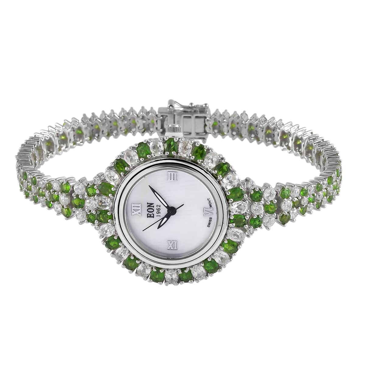 Eon 1962 Swiss Movement Chrome Diopside and Zircon Bracelet MOP Dial Watch in Platinum Over Sterling Silver (7.25 in) 18.15 ctw image number 0