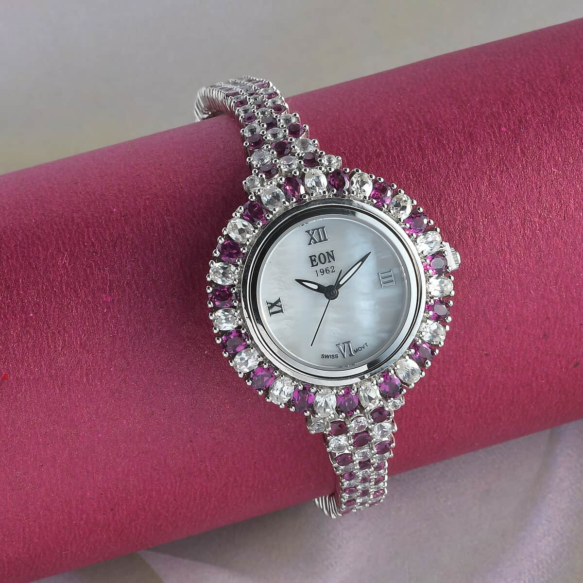 EON 1962 Swiss Movement Orissa Rhodolite Garnet and White Zircon MOP Dial Watch in Platinum Over Sterling Silver (7.25 in) 39.35 Grams 18.85 ctw image number 1