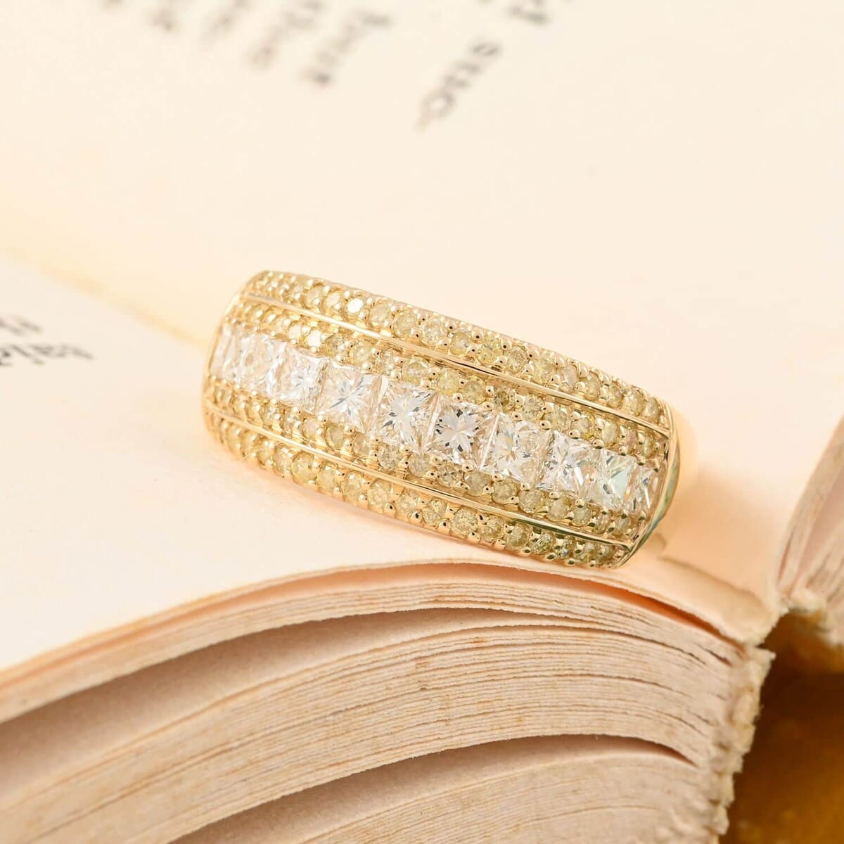 14K Yellow Gold Diamond Ring, Natural Yellow and White Diamond Ring, SI Diamond Ring, Gold Ring, Multi Row Diamond Ring, Gold Wedding Rings 1.00 ctw image number 1