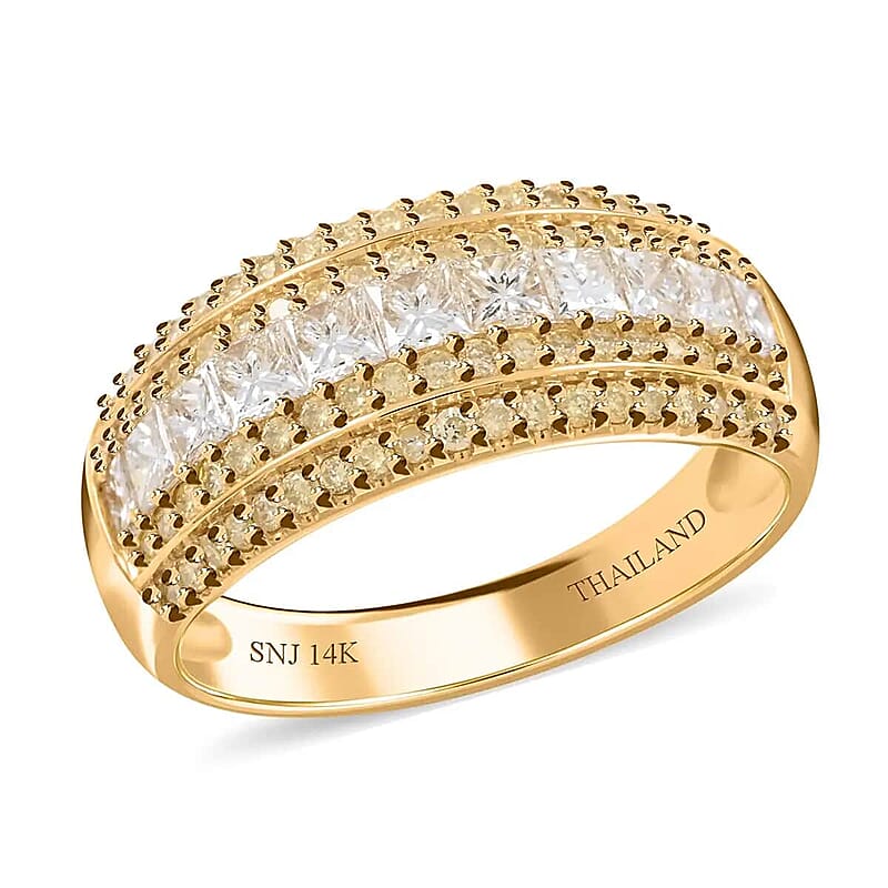 14K Yellow Gold Diamond Ring, Natural Yellow and White Diamond Ring, SI Diamond Ring, Gold Ring, Multi Row Diamond Ring, Gold Wedding Rings 1.00 ctw