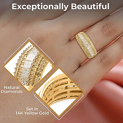 14K Yellow Gold Diamond Ring, Natural Yellow and White Diamond Ring, SI Diamond Ring, Gold Ring, Multi Row Diamond Ring, Gold Wedding Rings 1.00 ctw