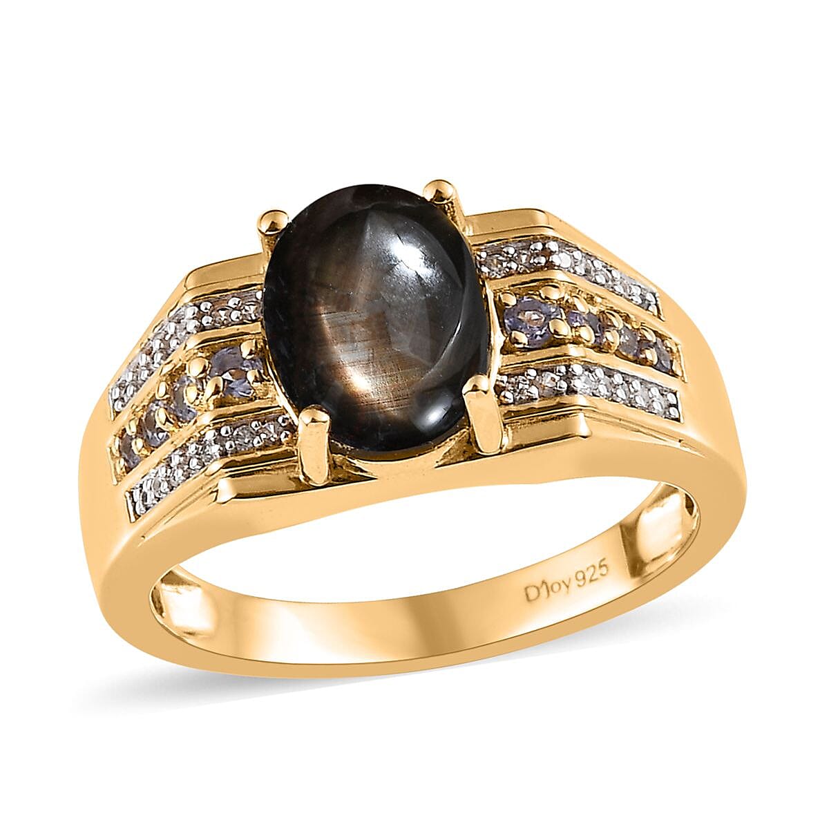 Bankacha Natural Black Star Sapphire and Multi Gemstone Men's Ring in Vermeil Yellow Gold Over Sterling Silver 5.00 ctw image number 0