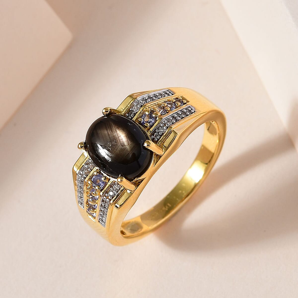 Bankacha Natural Black Star Sapphire and Multi Gemstone Men's Ring in Vermeil Yellow Gold Over Sterling Silver 5.00 ctw image number 1