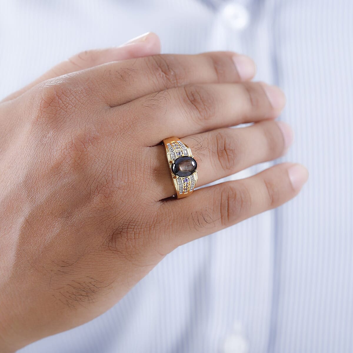 Bankacha Natural Black Star Sapphire and Multi Gemstone Men's Ring in Vermeil Yellow Gold Over Sterling Silver 5.00 ctw image number 2