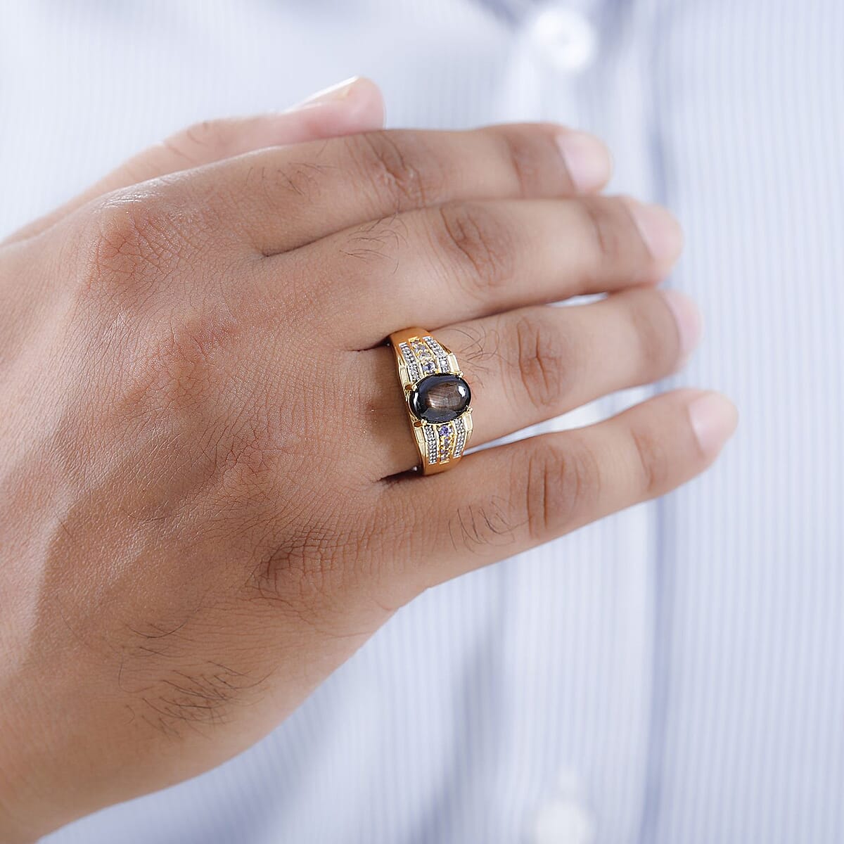 Bankacha Natural Black Star Sapphire and Multi Gemstone Men's Ring in Vermeil Yellow Gold Over Sterling Silver (Size 14.0) 5.00 ctw image number 2