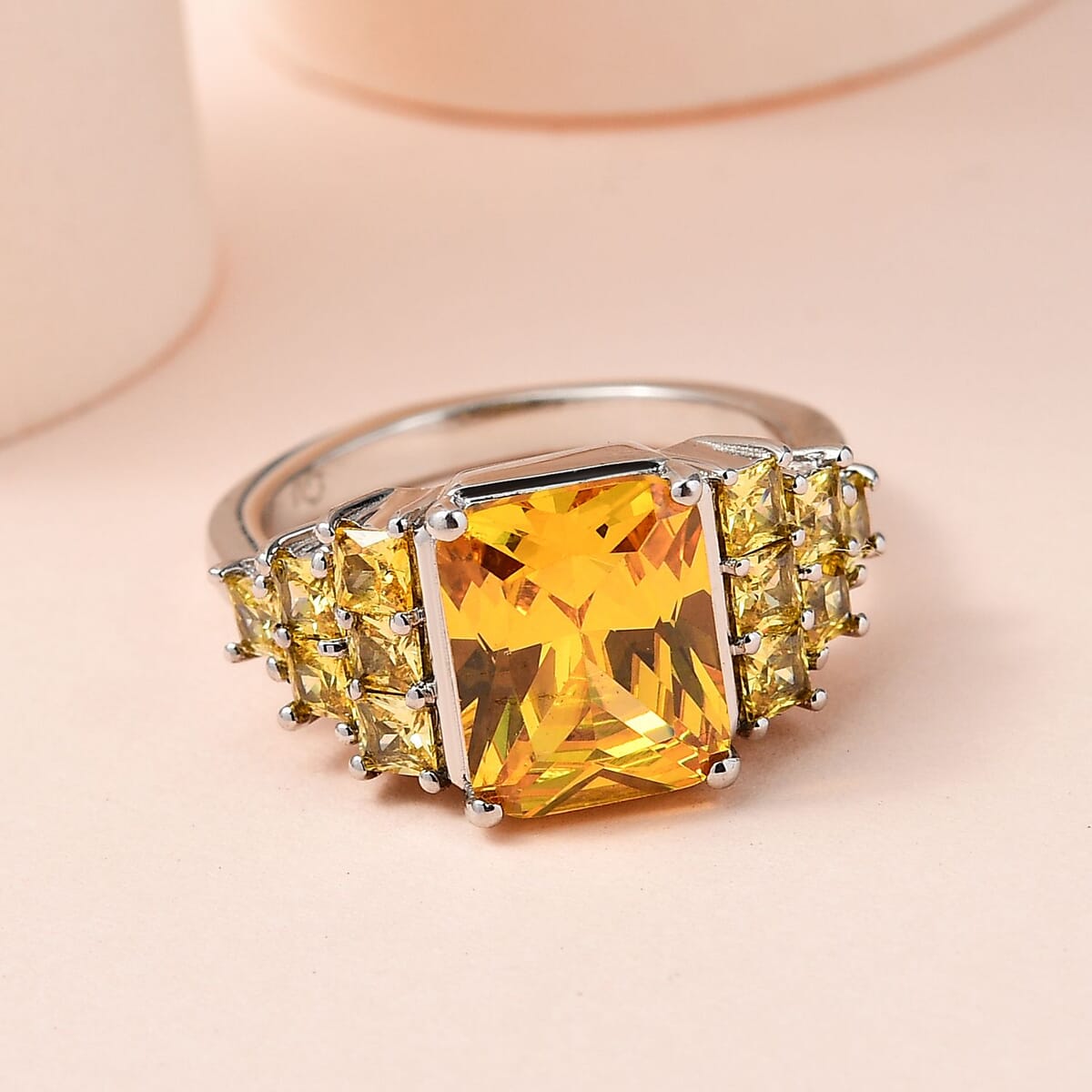Simulated Yellow Diamond Ring in Platinum Over Copper with Magnet (Size 9.0) 6.85 ctw image number 1