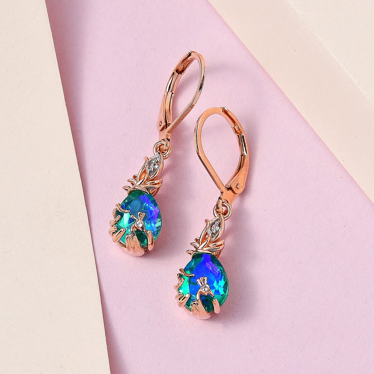 Karis Peacock Quartz (Triplet) and White Zircon Lever Back Earrings in 18K RG Plated 3.60 ctw image number 1