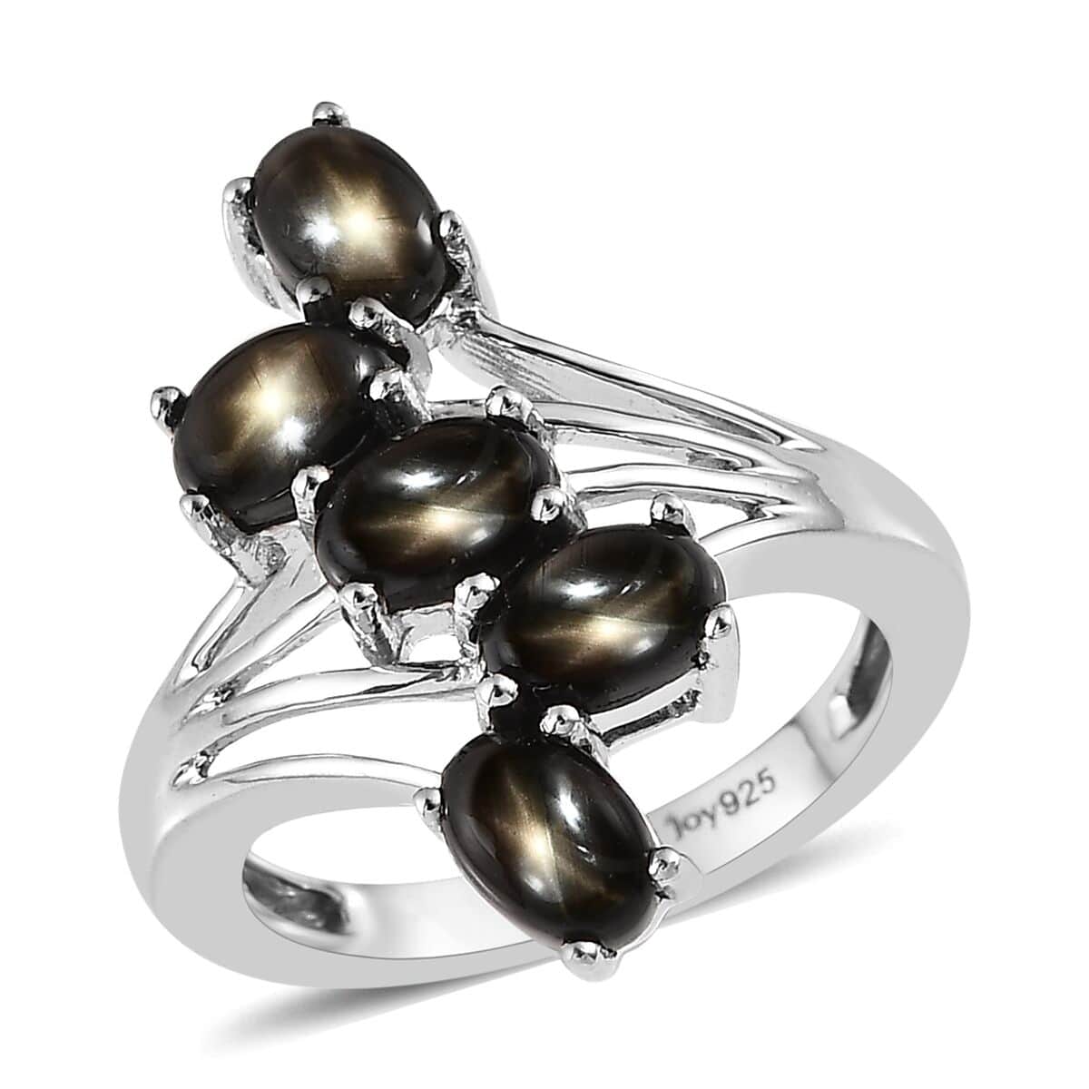 Bankacha Natural Black Star Sapphire 5 Stone Ring in Platinum Over Sterling Silver 4.15 ctw image number 0