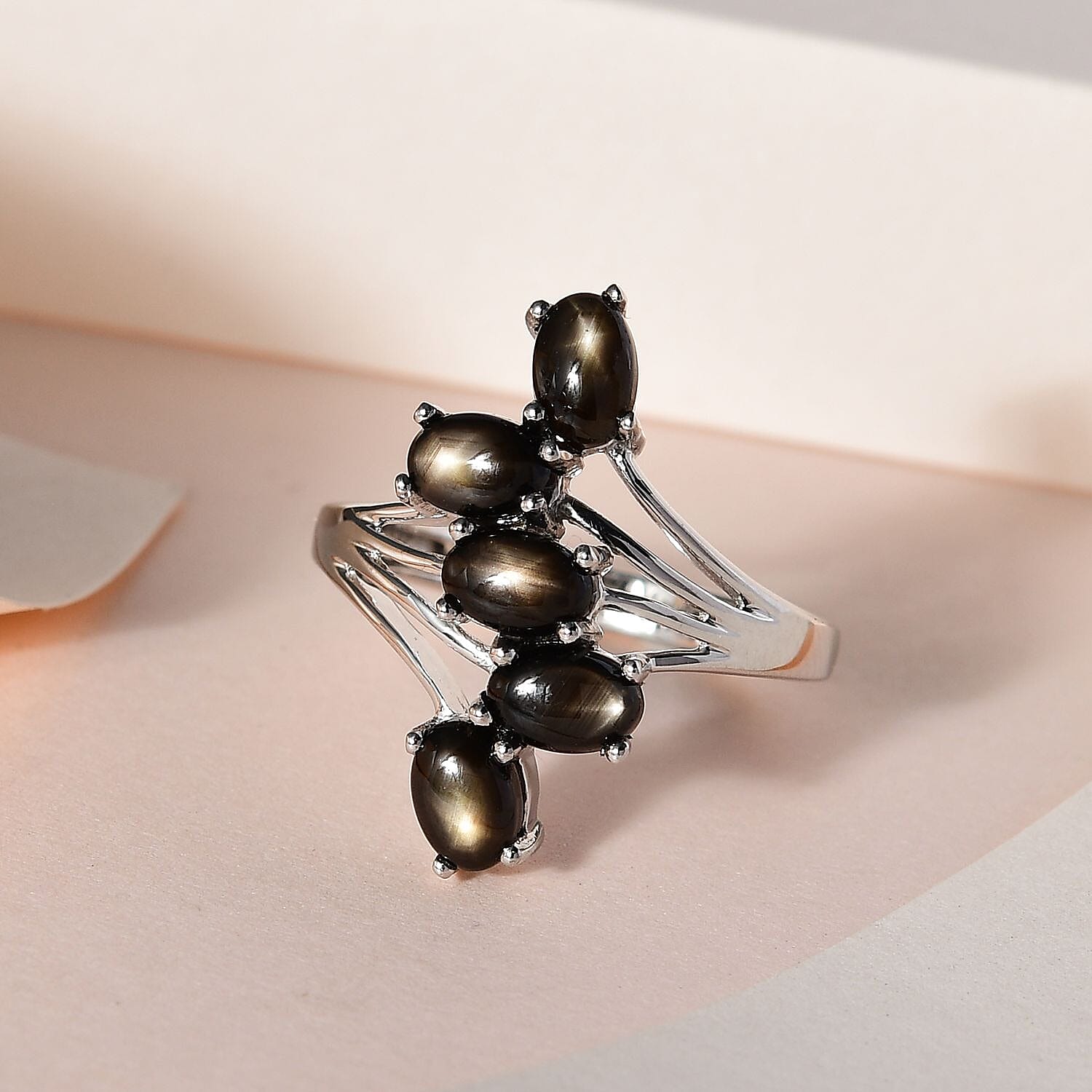 Bankacha Natural Black Star Sapphire 5 Stone Ring in Platinum Over Sterling Silver (Size 10.0) 4.15 ctw
