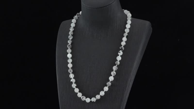 Black Rutilated Quartz Beaded Necklace 20 Inches in Rhodium Over Sterling Silver 220.00 ctw