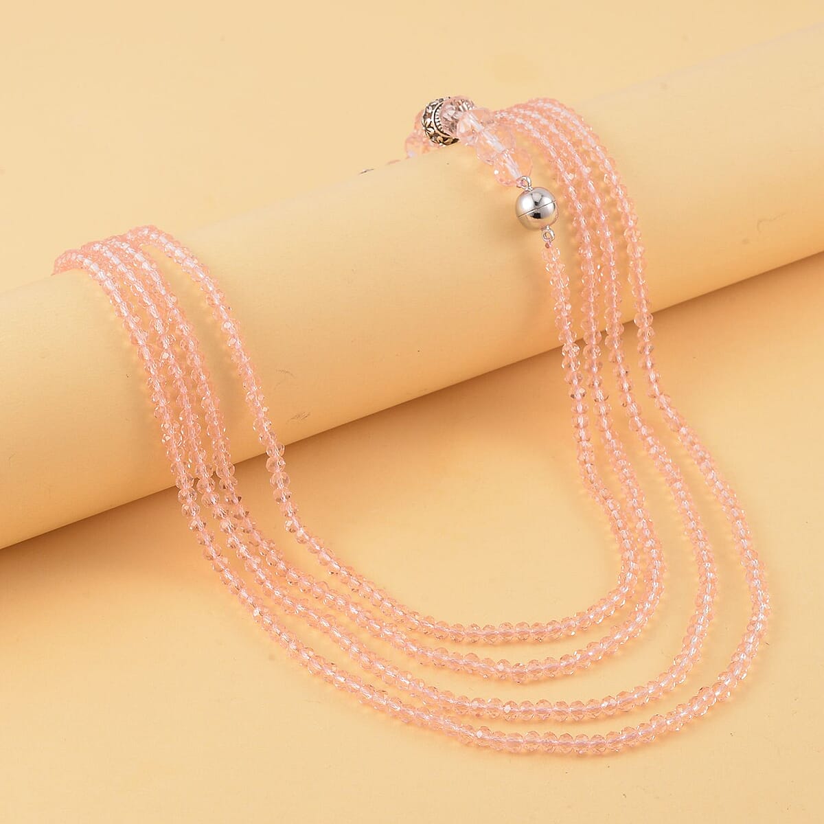 Pink Austrian Crystal Beaded Necklace in Silvertone 42 Inches image number 1