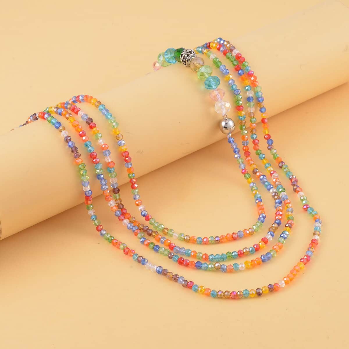 Multi Color Austrian Crystal Beaded Necklace 42 Inches in Silvertone image number 1