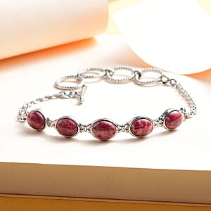 Norwegian Thulite Toggle Clasp Bracelet in Stainless Steel (6.50-8.50In) 11.00 ctw, Tarnish-Free Waterproof Sweat Proof Jewelry, 5 Stone Thulite Bracelet, Gift For Her