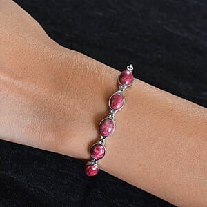 Norwegian Thulite Toggle Clasp Bracelet in Stainless Steel (6.50-8.50In) 11.00 ctw, Tarnish-Free Waterproof Sweat Proof Jewelry, 5 Stone Thulite Bracelet, Gift For Her