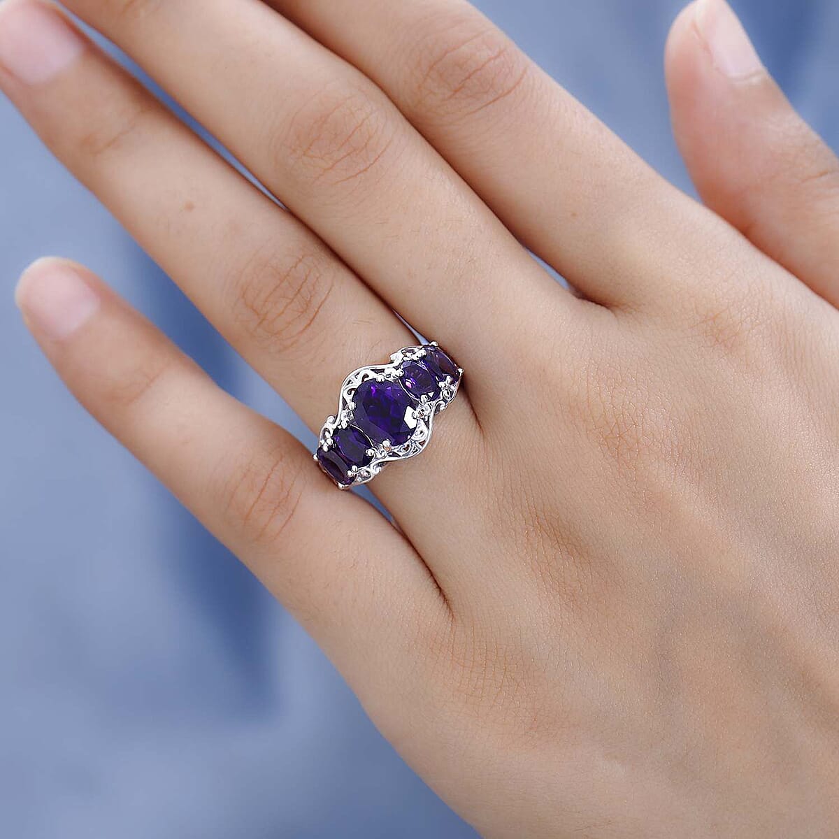 Premium Moroccan Amethyst 5 Stone Ring in Platinum Over Sterling Silver 3.50 ctw image number 2