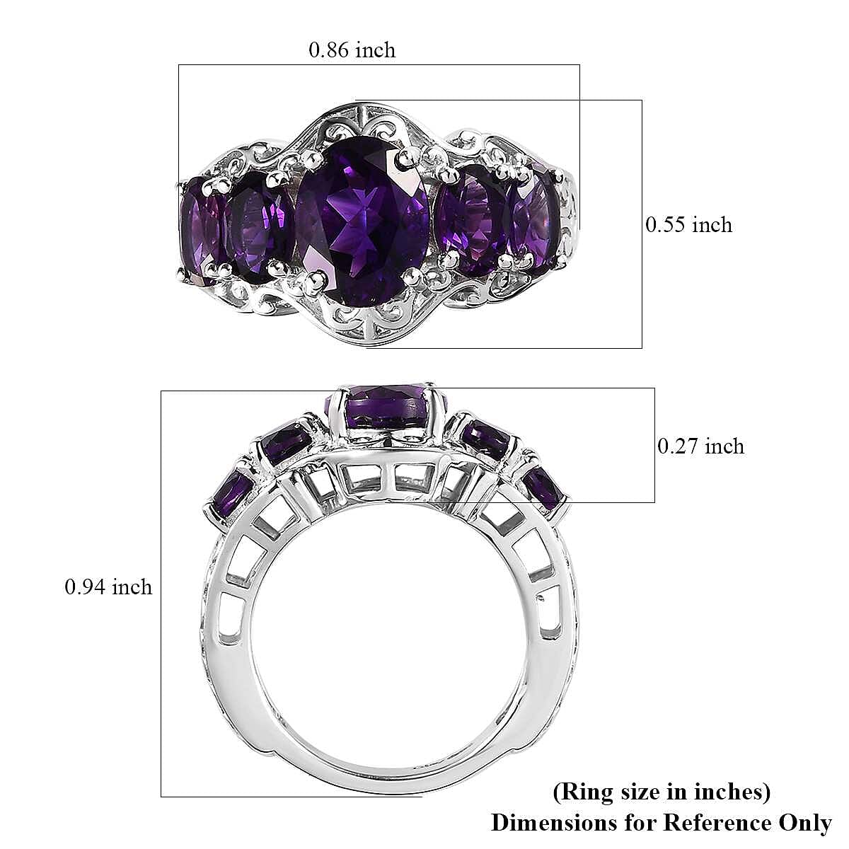 Premium Moroccan Amethyst 5 Stone Ring in Platinum Over Sterling Silver 3.50 ctw image number 5