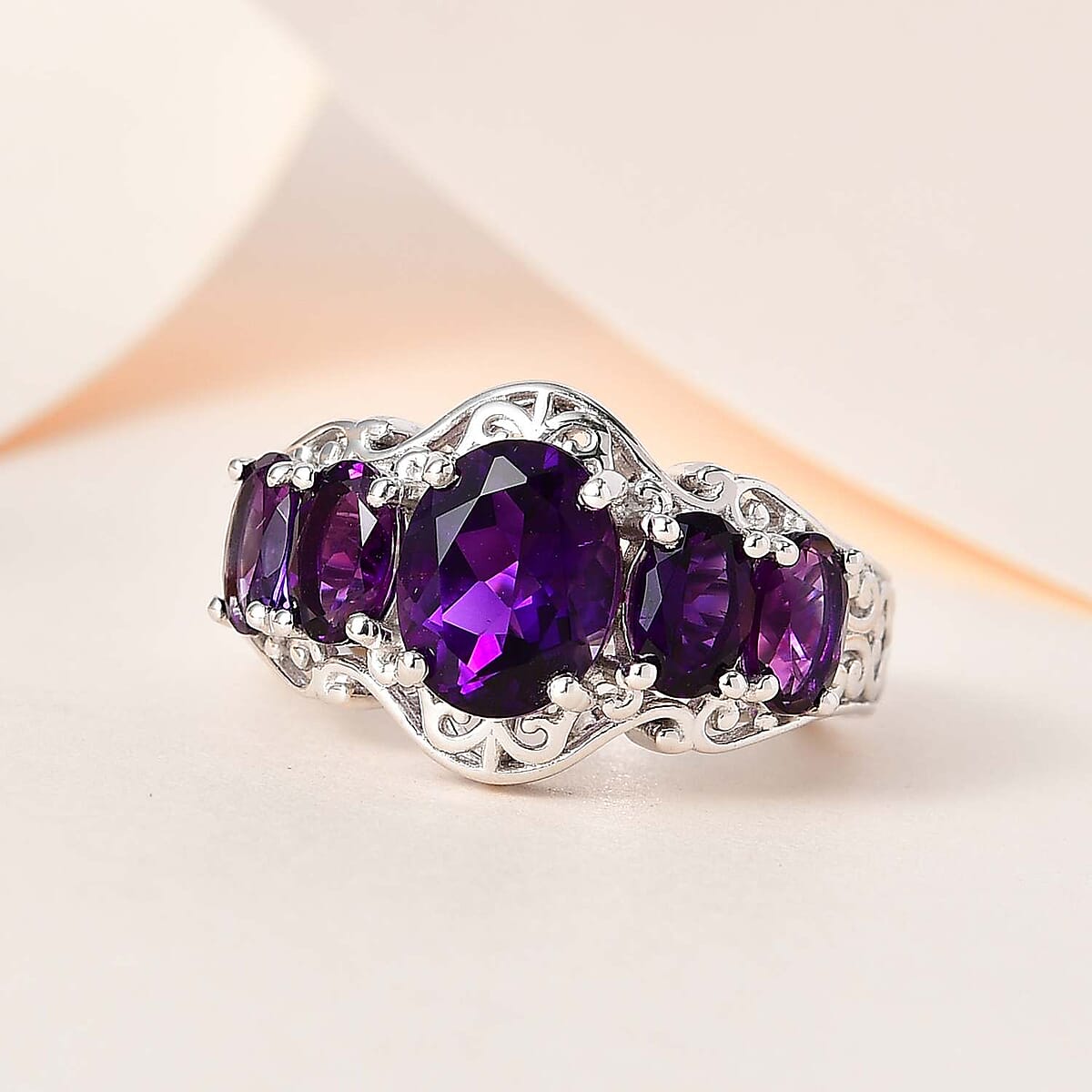 Premium Moroccan Amethyst 5 Stone Ring in Platinum Over Sterling Silver (Size 7.0) 3.50 ctw image number 1