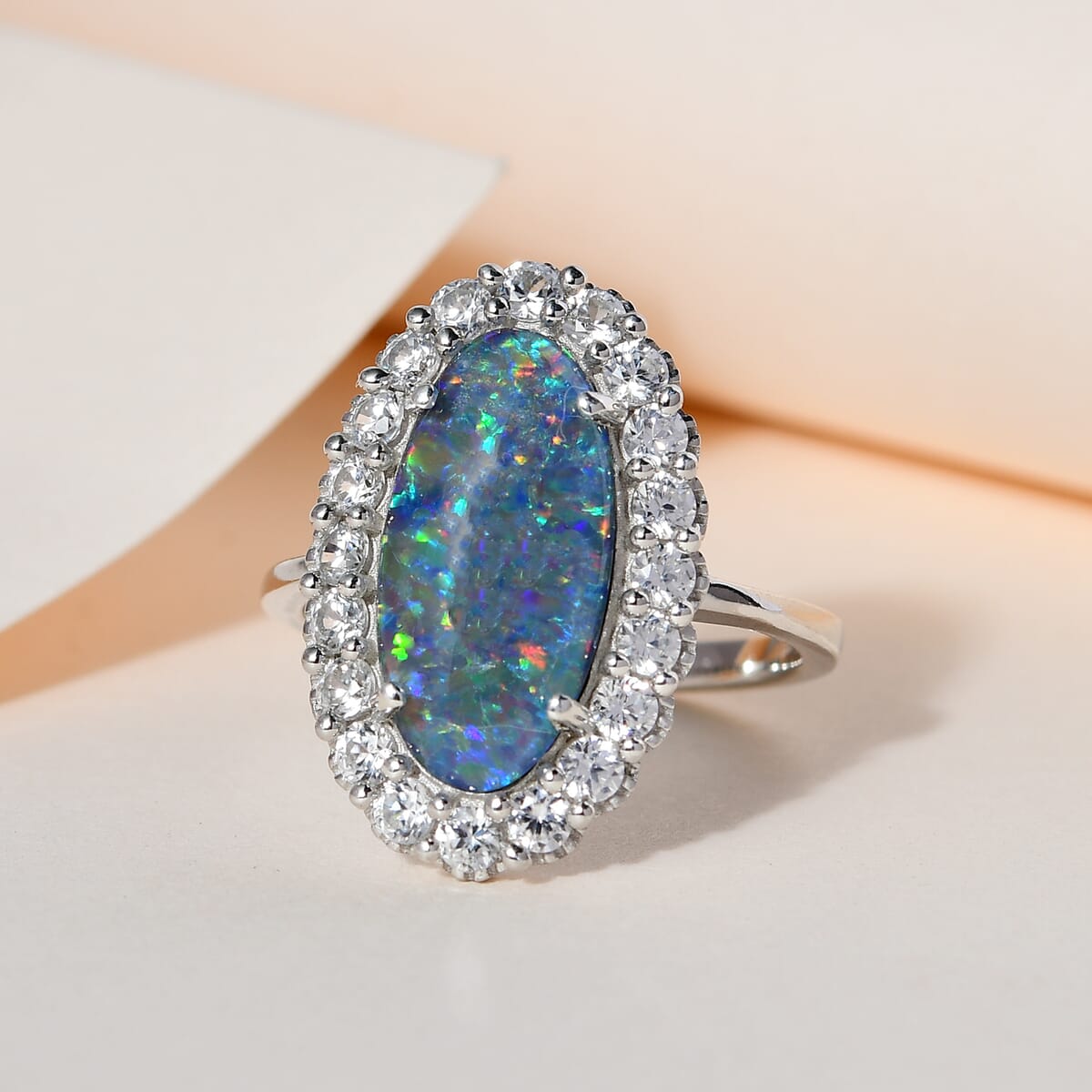 AAA Boulder Opal Triplet and White Zircon Halo Ring in Platinum Over Sterling Silver 4.75 ctw image number 1
