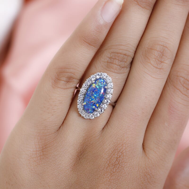 D'Joy AAA Boulder Opal Triplet and White Zircon Halo Ring in Platinum Over Sterling Silver (Size 10.0) 4.75 ctw