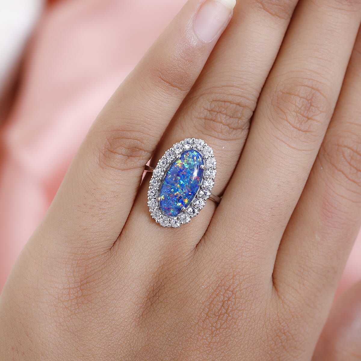 AAA Boulder Opal Triplet and White Zircon Halo Ring in Platinum Over Sterling Silver (Size 8.0) 4.75 ctw image number 2