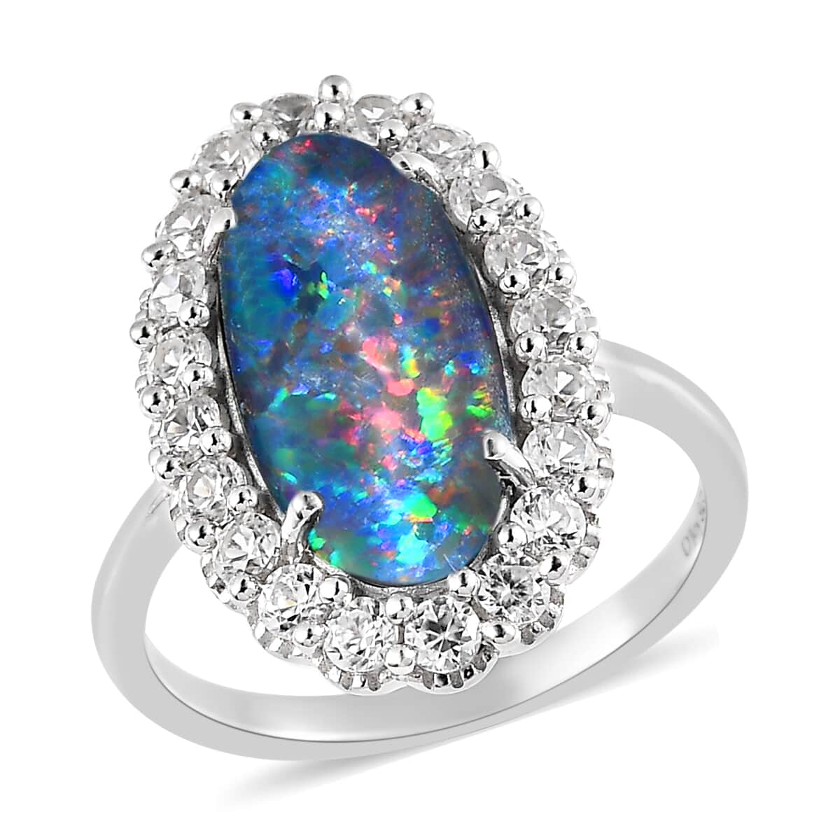 AAA Boulder Opal Triplet and White Zircon Halo Ring in Platinum Over Sterling Silver (Size 9.0) 4.75 ctw image number 0