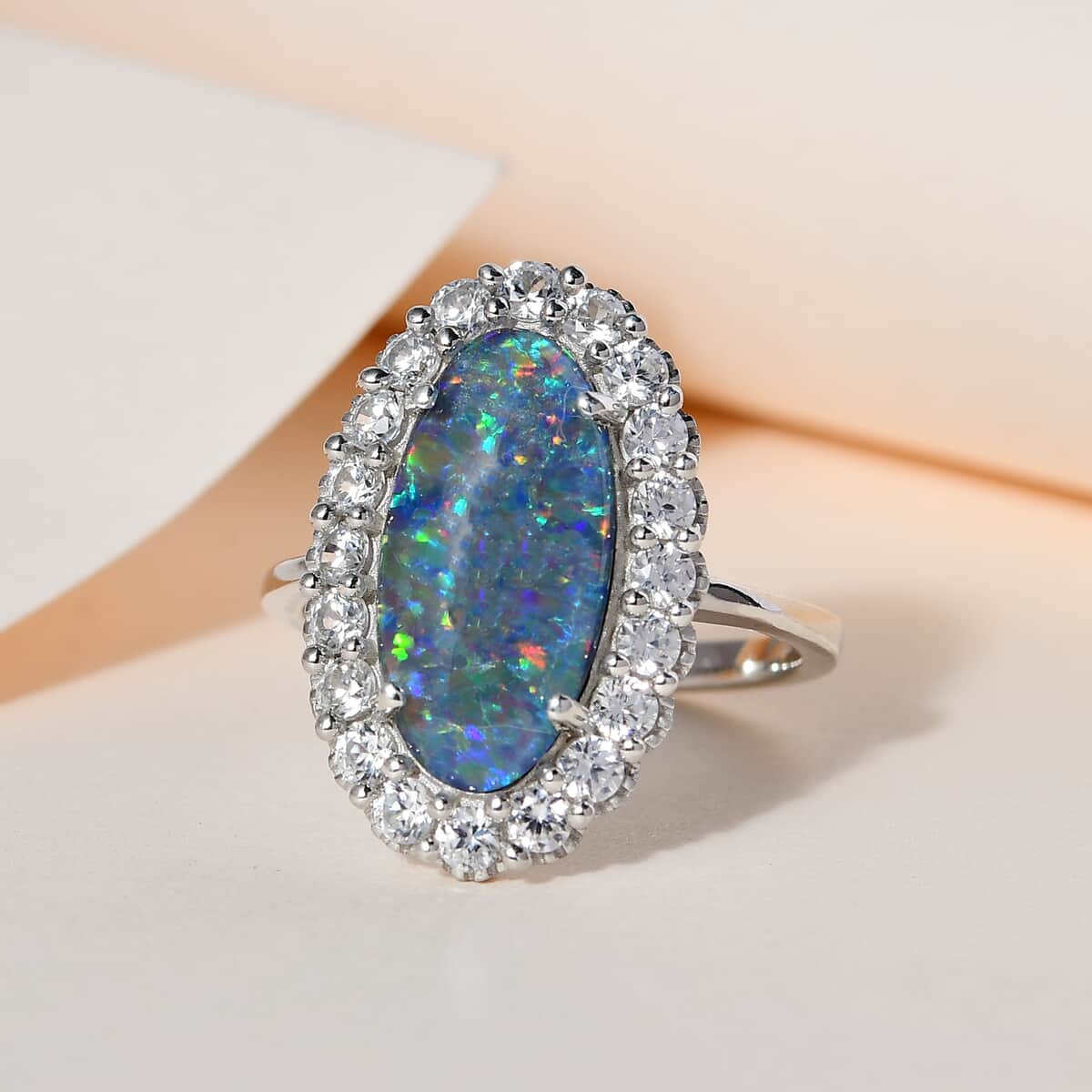 AAA Boulder Opal Triplet and White Zircon Halo Ring in Platinum Over Sterling Silver (Size 9.0) 4.75 ctw image number 1