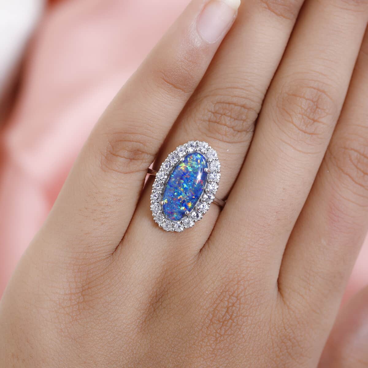 AAA Boulder Opal Triplet and White Zircon Halo Ring in Platinum Over Sterling Silver (Size 9.0) 4.75 ctw image number 2