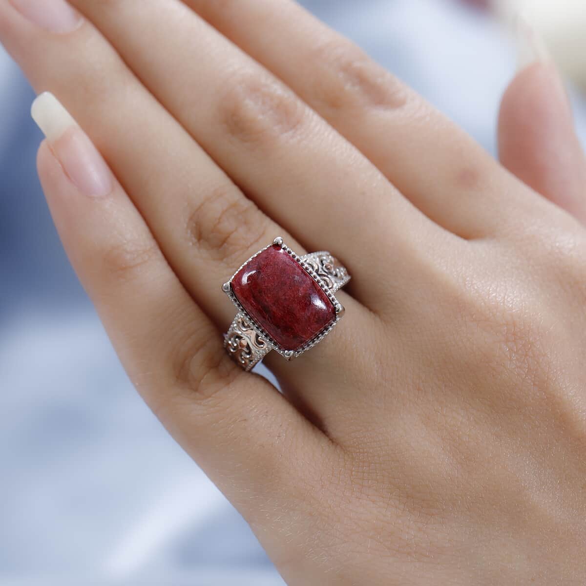 Karis Norwegian Thulite Solitaire Ring in 18K RG Plated and Platinum Bond 7.35 ctw image number 2