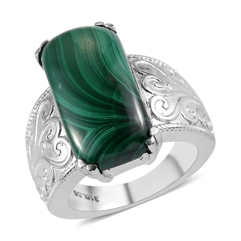 African Malachite Solitaire Ring in Stainless Steel (Size 10.0) 16.40 ctw , Tarnish-Free, Waterproof, Sweat Proof Jewelry