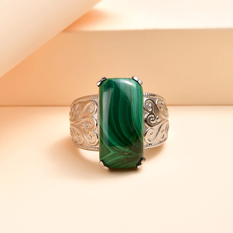 African Malachite Solitaire Ring in Stainless Steel (Size 10.0) 16.40 ctw , Tarnish-Free, Waterproof, Sweat Proof Jewelry