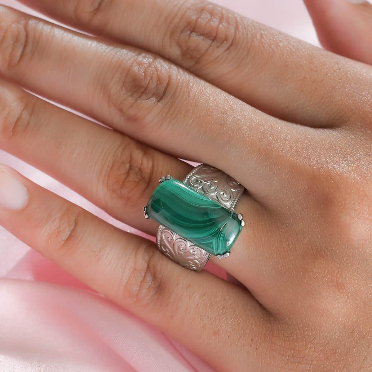 African Malachite Solitaire Ring in Stainless Steel 16.40 ctw image number 2