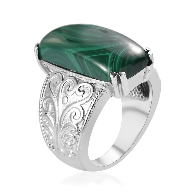 African Malachite Solitaire Ring in Stainless Steel (Size 10.0) 16.40 ctw , Tarnish-Free, Waterproof, Sweat Proof Jewelry
