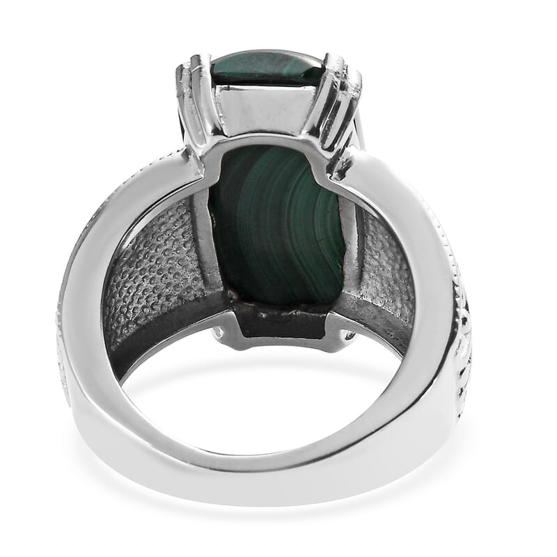African Malachite Solitaire Ring in Stainless Steel (Size 10.0) 16.40 ctw , Tarnish-Free, Waterproof, Sweat Proof Jewelry
