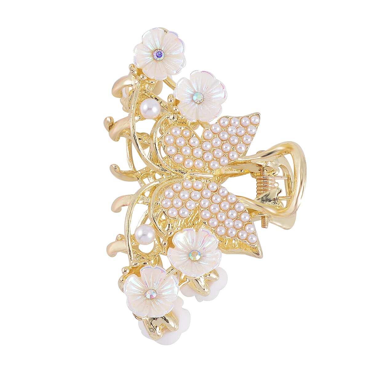 Mystic White Austrian Crystal and Simulated Pearl, Resin Hair Pin in Goldtone image number 0