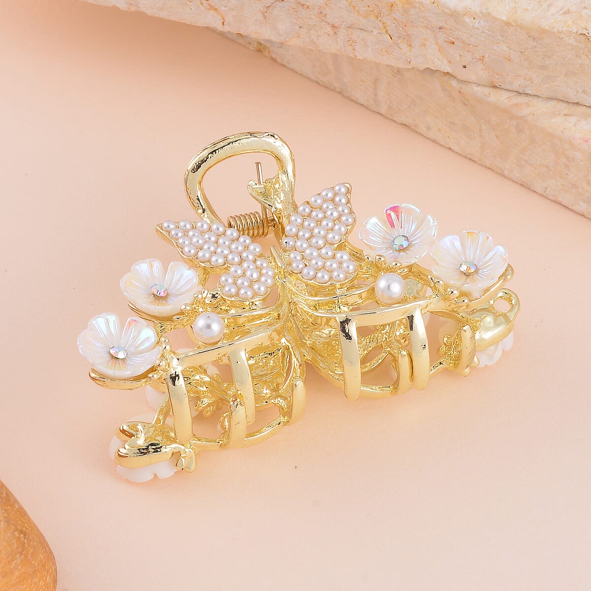 Mystic White Austrian Crystal and Simulated Pearl, Resin Hair Pin in Goldtone image number 1
