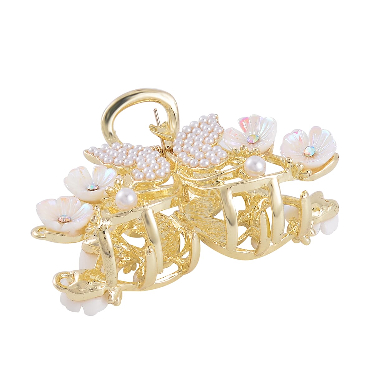 Mystic White Austrian Crystal and Simulated Pearl, Resin Hair Pin in Goldtone image number 2